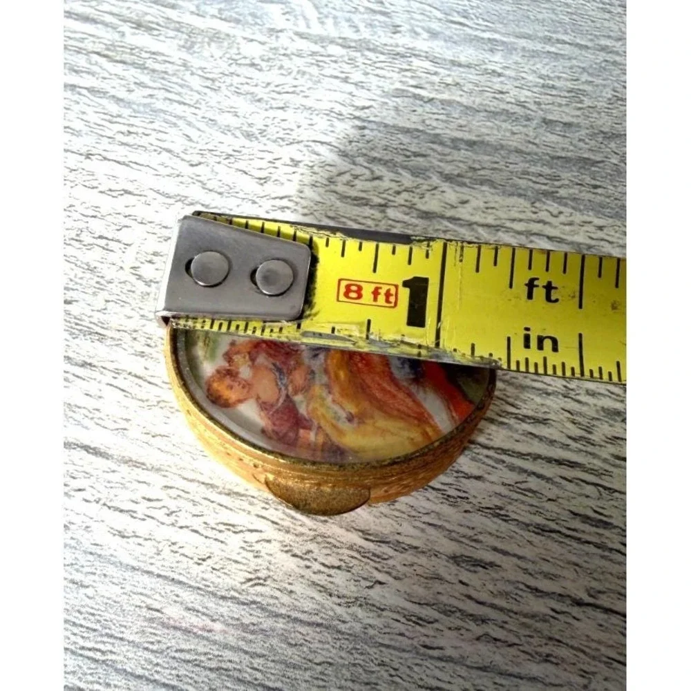 Vtg Pill Trinket Box Gold Gilt Metal Oval Hinged Lid Painting Under Glass Italy